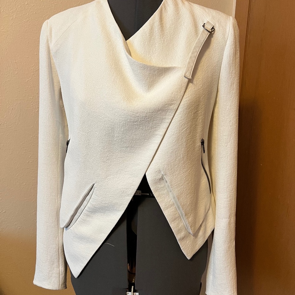 Helmut Lang cream white crepe jacket with leather accents